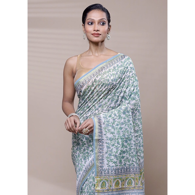White Chanderi Cotton Saree With Blouse Piece - JD986608408
