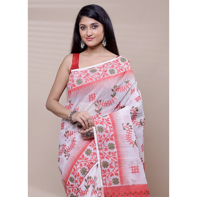 White Tant Jamdani Saree Without Blouse Piece - JD986608405