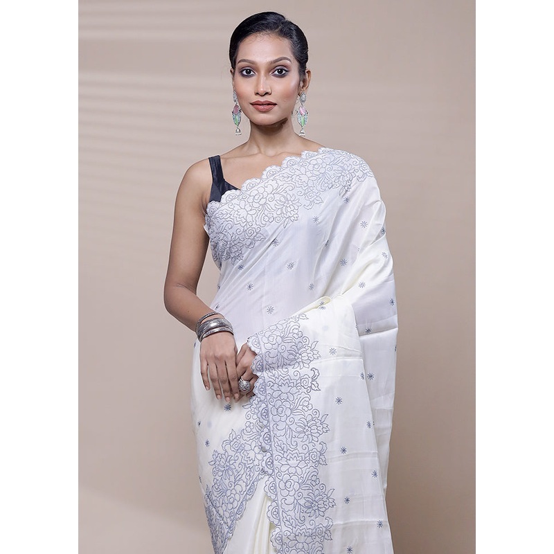 White Tussar Silk Saree With Blouse Piece - JD986608404