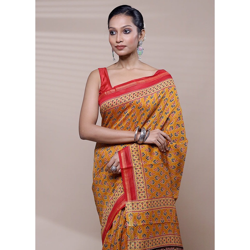 Yellow Chanderi Cotton Saree With Blouse Piece - JD986608403