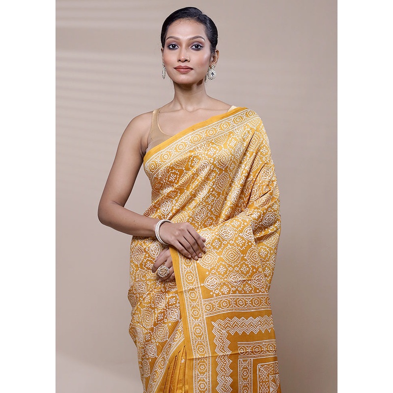 Yellow Printed Pure Silk Saree Without Blouse Piece - JD986608400