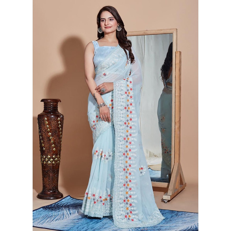 Aqua Georgette Saree With Blouse Piece - JD986608212