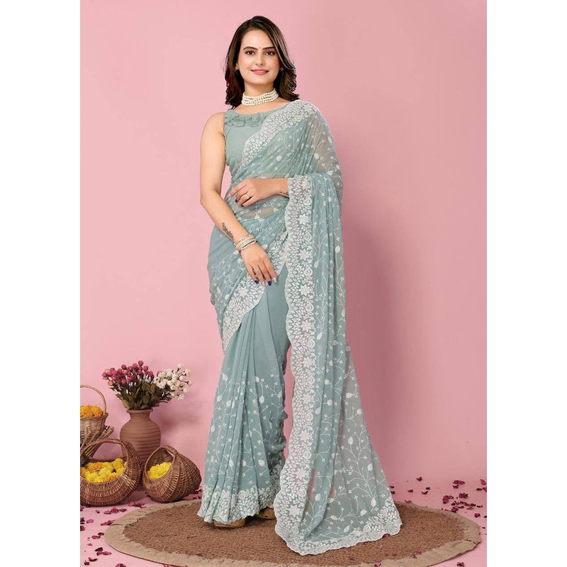 Aqua Georgette Saree With Blouse Piece - JD986608213