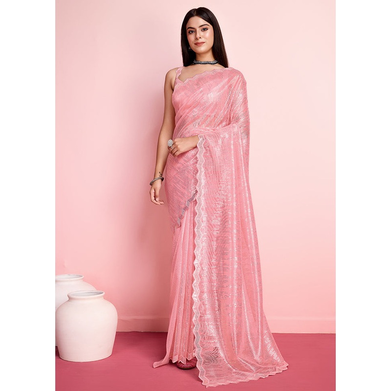 Baby Pink Net Saree With Blouse Piece - JD986608211