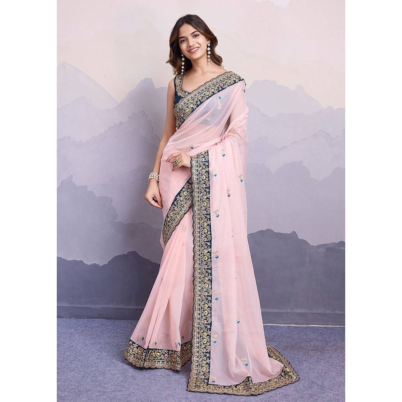 Baby Pink Organza Saree With Blouse Piece - JD986608210
