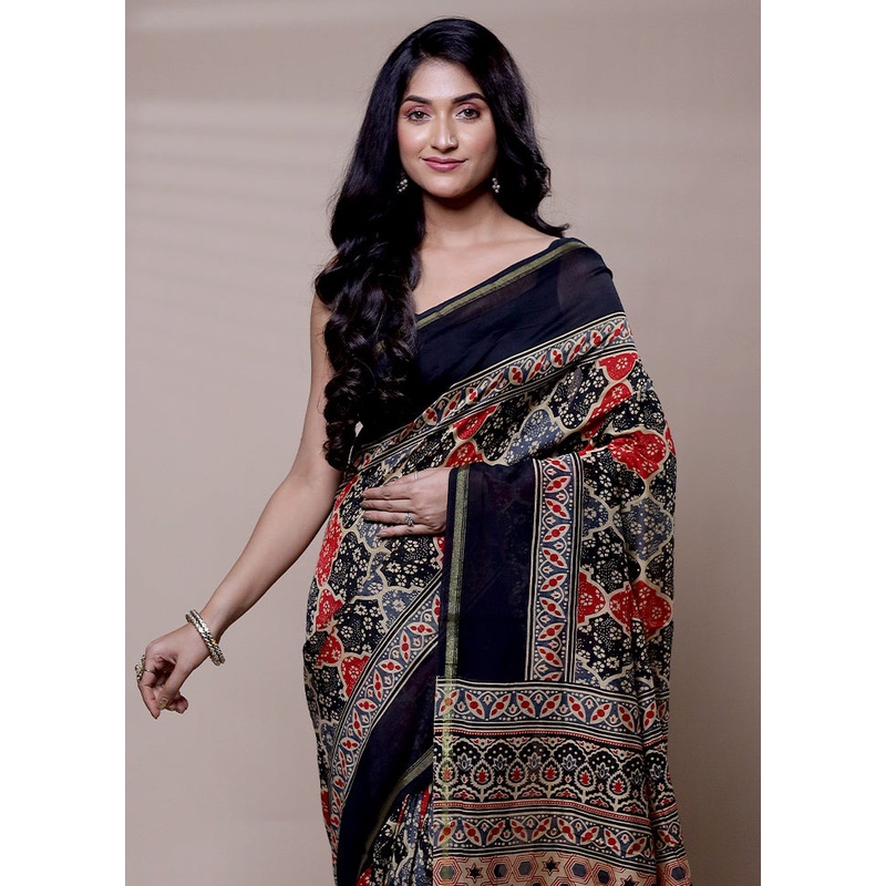 Black Chanderi Cotton Saree With Blouse Piece - JD986608326