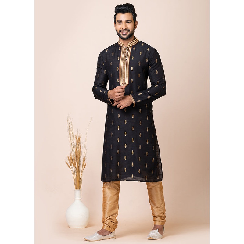 Black Cotton Full Sleeves Mandarin Collar Kurta And Pajama Set - JD986608256