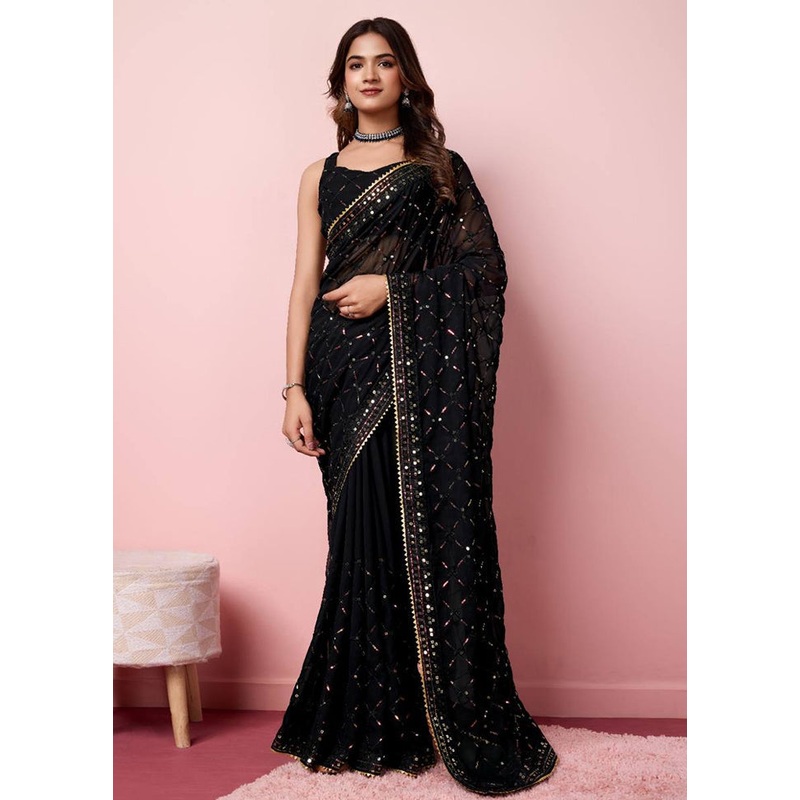 Black Georgette Saree With Blouse Piece - JD986608203
