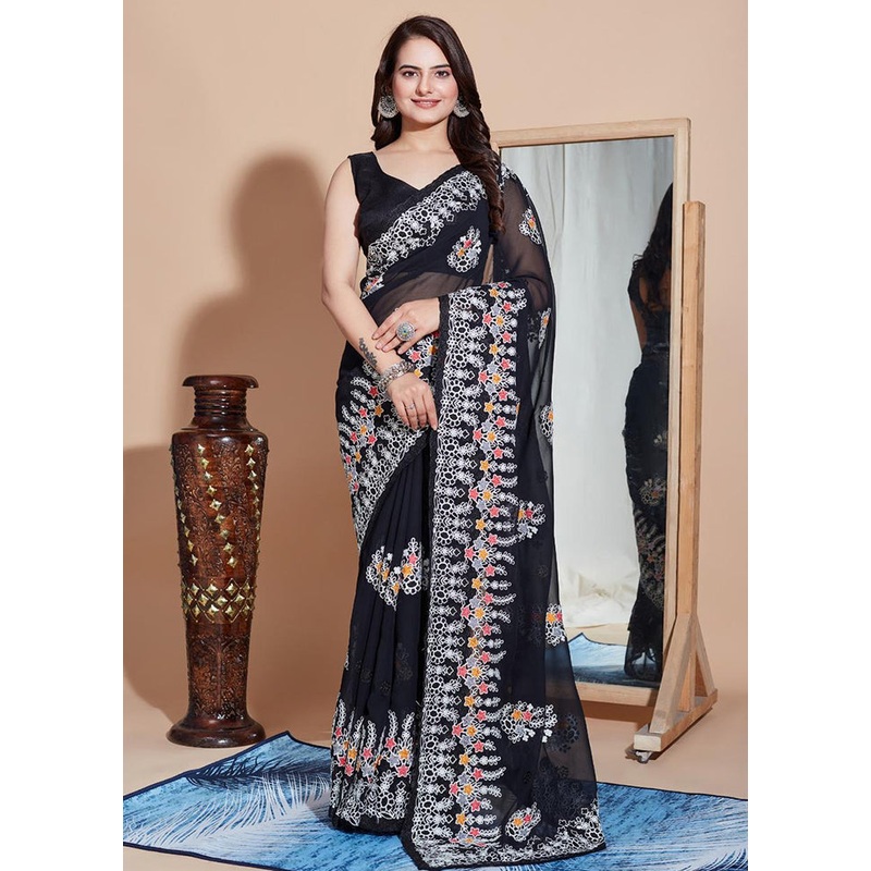 Black Georgette Saree With Blouse Piece - JD986608204