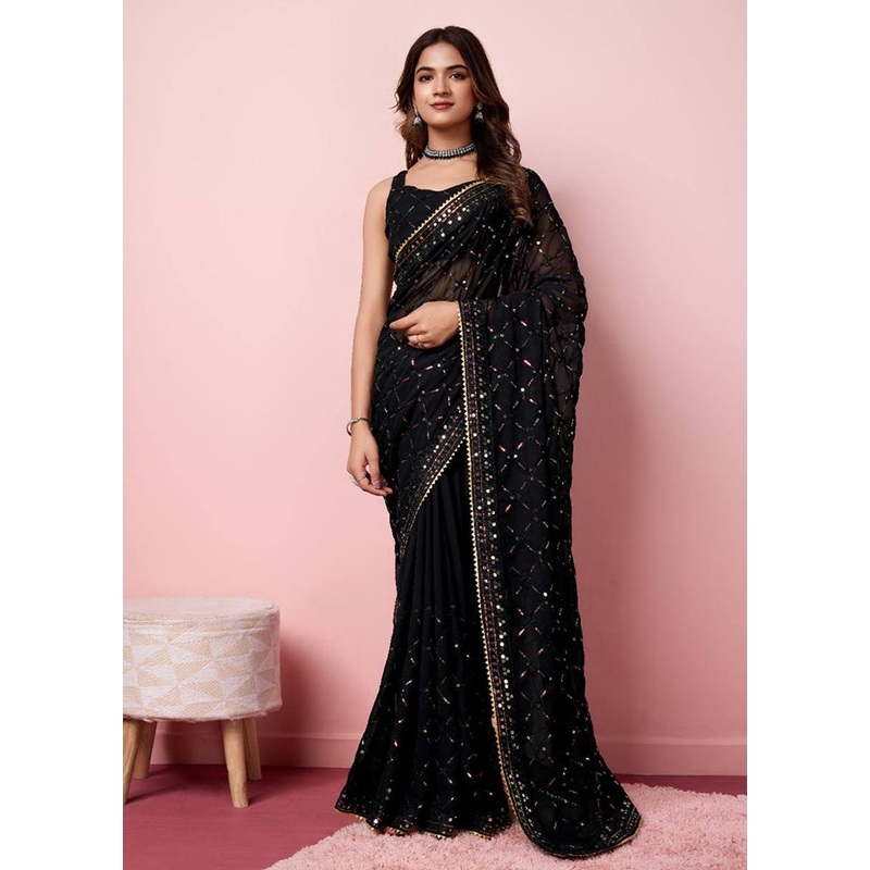 Black Georgette Saree With Blouse Piece - JD986608205