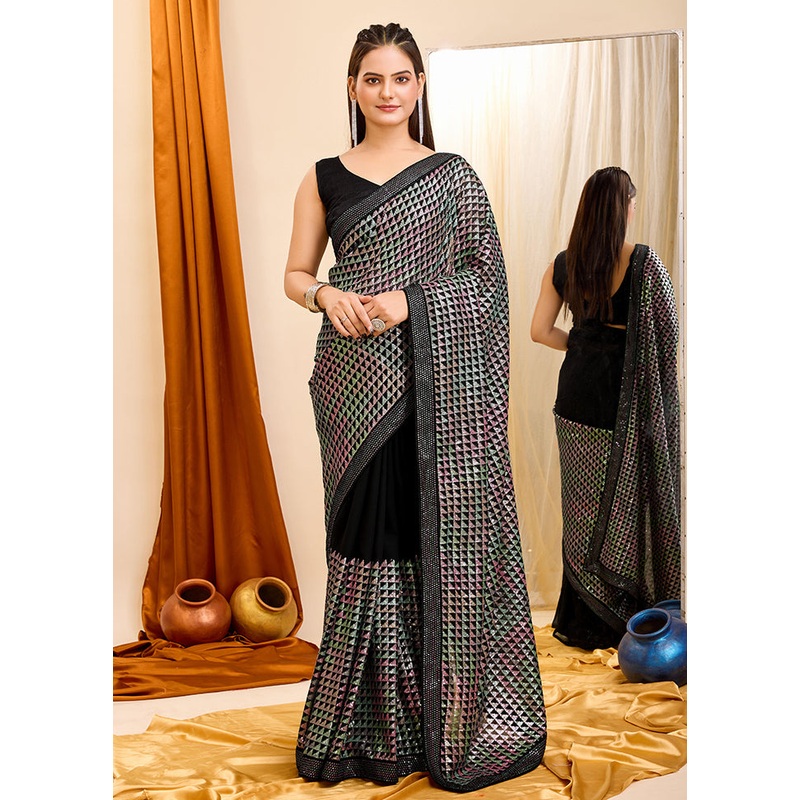 Black Georgette Saree With Blouse Piece - JD986608206