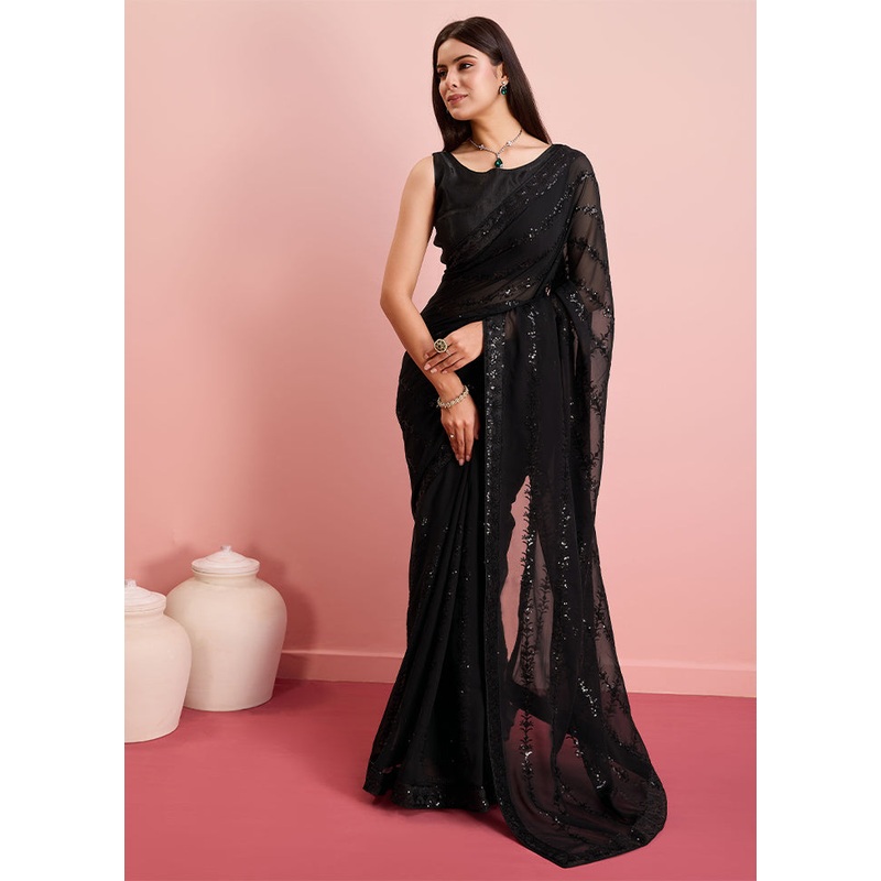 Black Georgette Saree With Blouse Piece - JD986608207