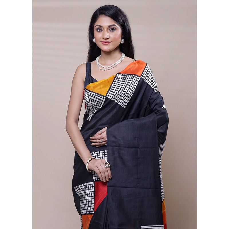 Black Printed Pure Silk Saree Without Blouse Piece - JD986608324