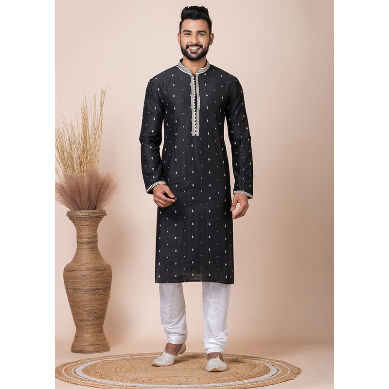 Black Silk Full Sleeves Mandarin Collar Kurta And Pajama Set - JD986608254