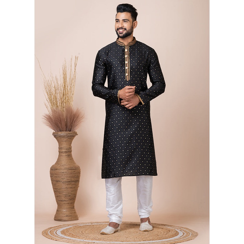 Black Silk Full Sleeves Mandarin Collar Kurta And Pajama Set - JD986608255