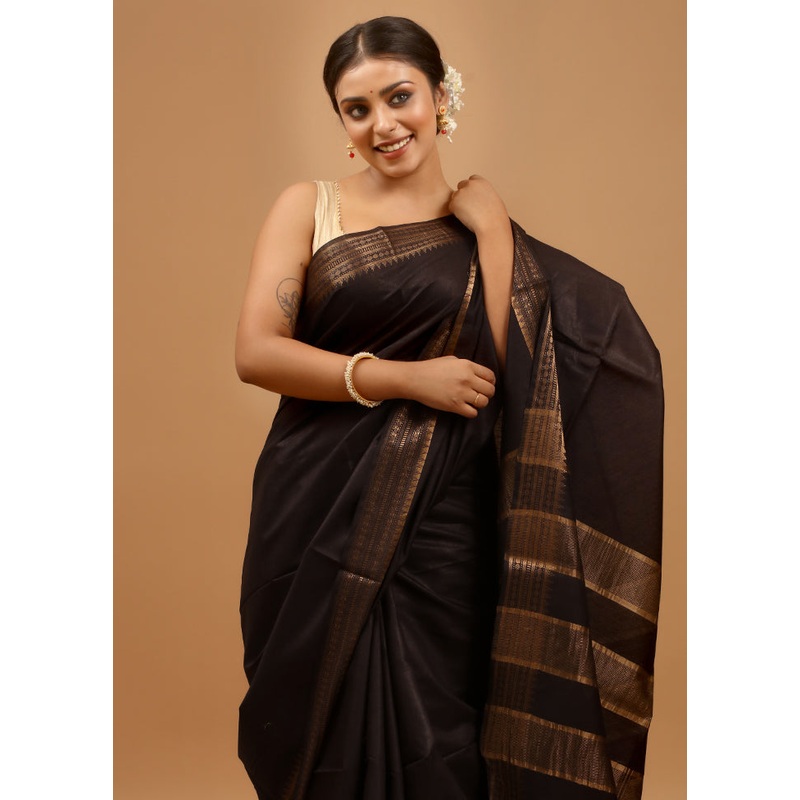 Black Tussar Silk Saree With Blouse Piece - JD986608327