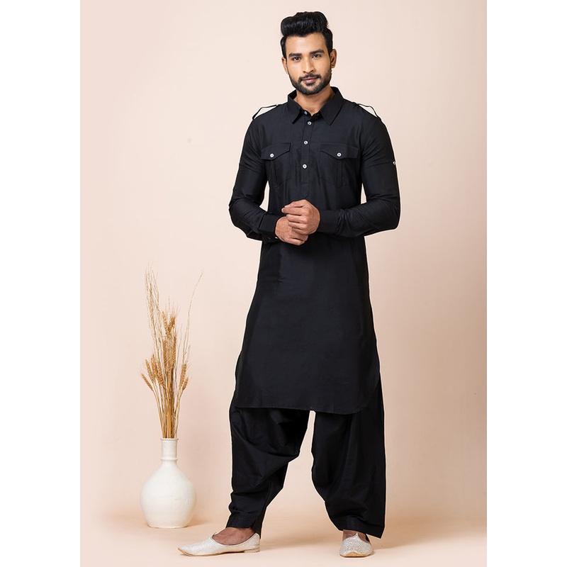 Black Viscose Full Sleeves Mandarin Collar Pathani Kurta And Pajama Set - JD986608253