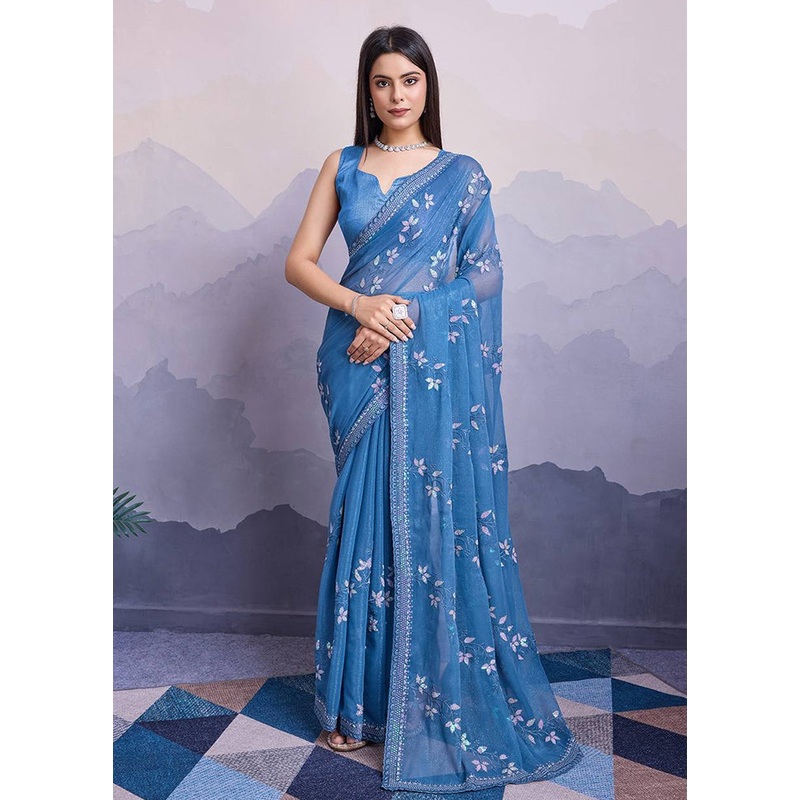Blue Chiffon Silk Saree With Blouse Piece - JD986608202