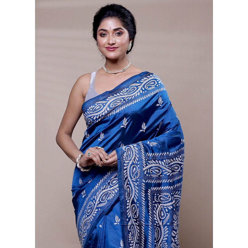 Blue Handloom Kantha Stitch Pure Silk Saree With Blouse Piece - JD986608322