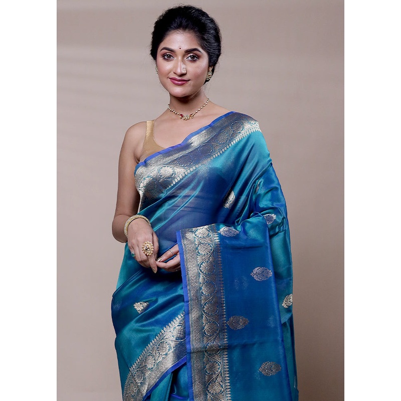 Blue Handloom Pure Organza Saree With Blouse Piece - JD986608320