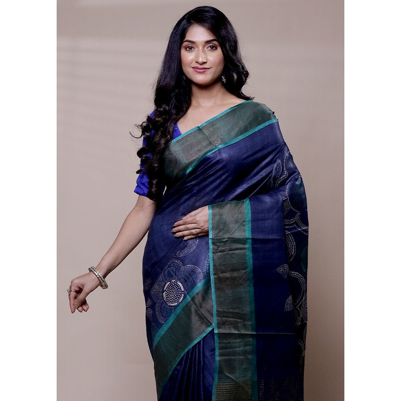 Blue Handloom Tussar Pure Silk Saree With Blouse Piece - JD986608317