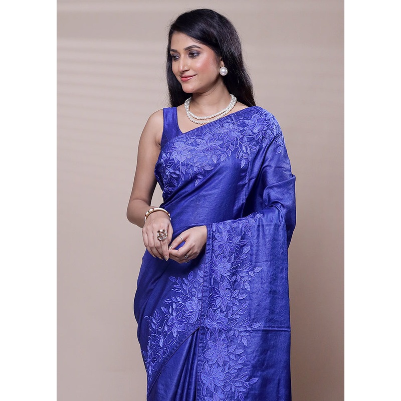 Blue Handloom Tussar Pure Silk Saree With Blouse Piece - JD986608318