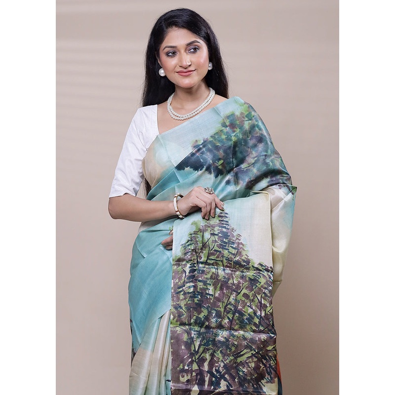 Blue Handloom Tussar Pure Silk Saree With Blouse Piece - JD986608319