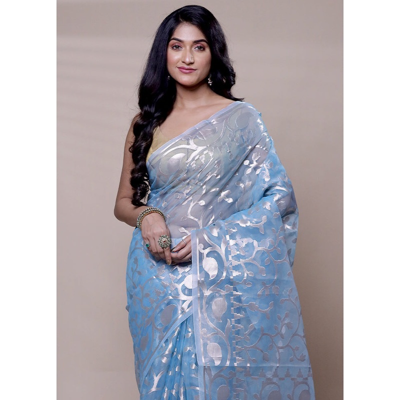 Blue Organza Saree With Blouse Piece - JD986608316