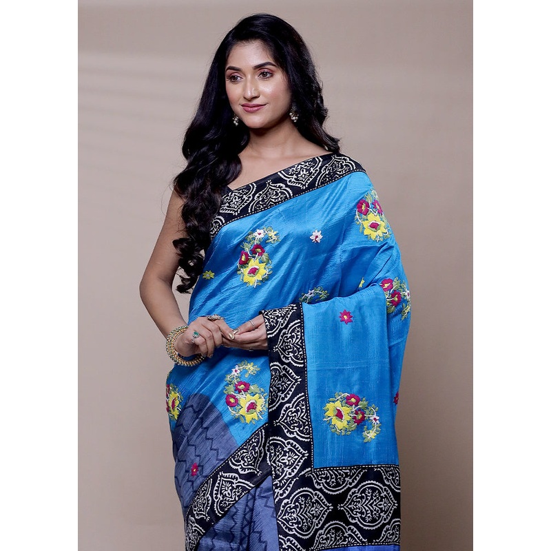 Blue Printed Pure Silk Saree Without Blouse Piece - JD986608314