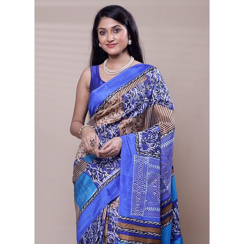 Blue Printed Pure Silk Saree Without Blouse Piece - JD986608315