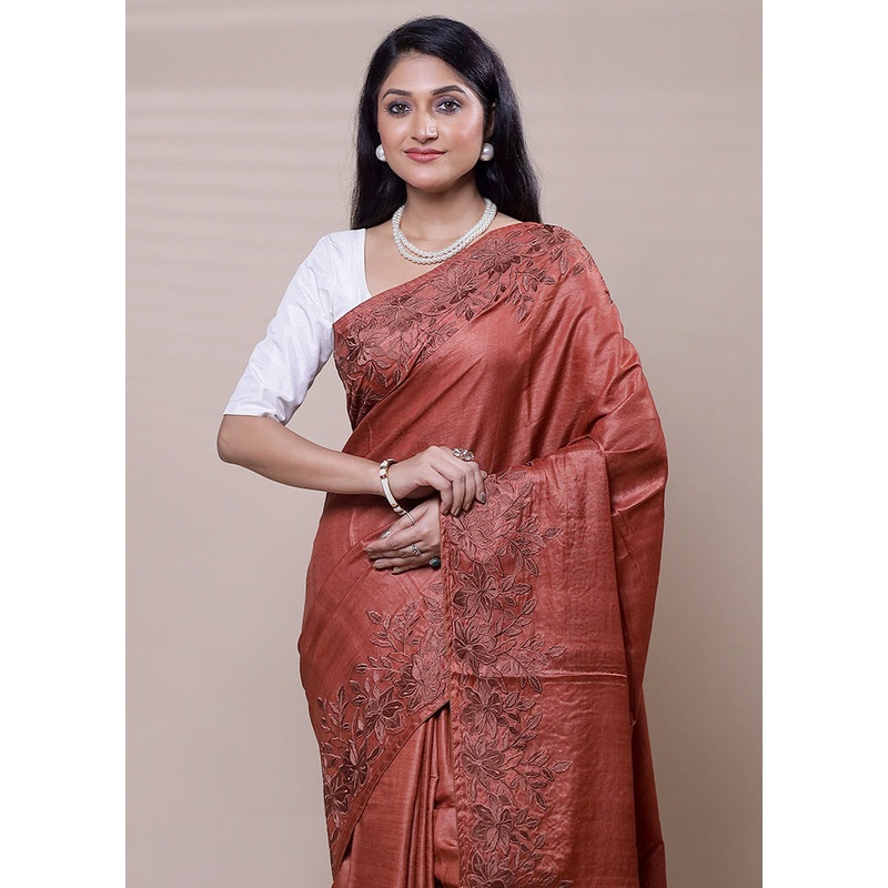 Brown Handloom Tussar Pure Silk Saree With Blouse Piece - JD986608313