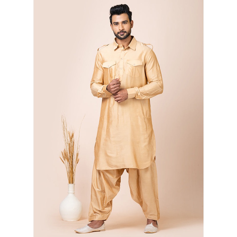 Chiku Viscose Full Sleeves Mandarin Collar Pathani Kurta And Pajama Set - JD986608251