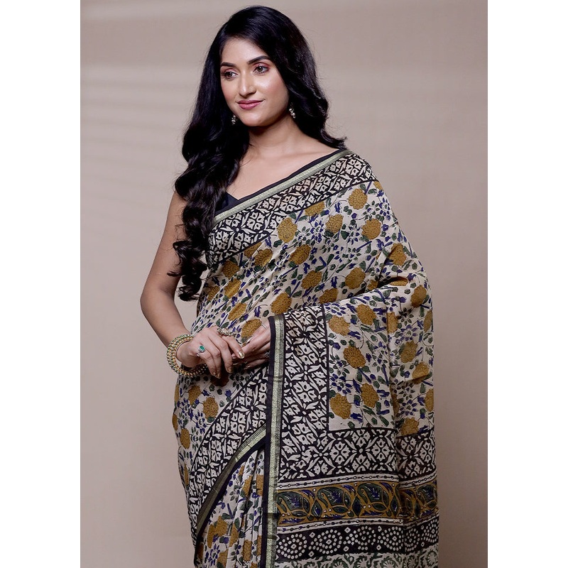 Cream Chanderi Cotton Saree With Blouse Piece - JD986608310