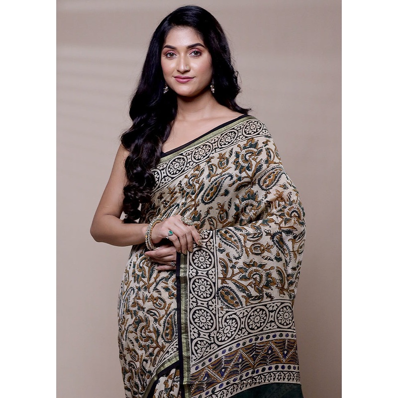 Cream Chanderi Cotton Saree With Blouse Piece - JD986608311