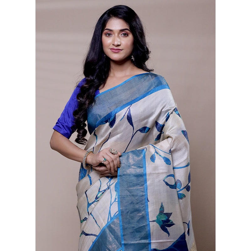 Cream Handloom Tussar Pure Silk Saree With Blouse Piece - JD986608307