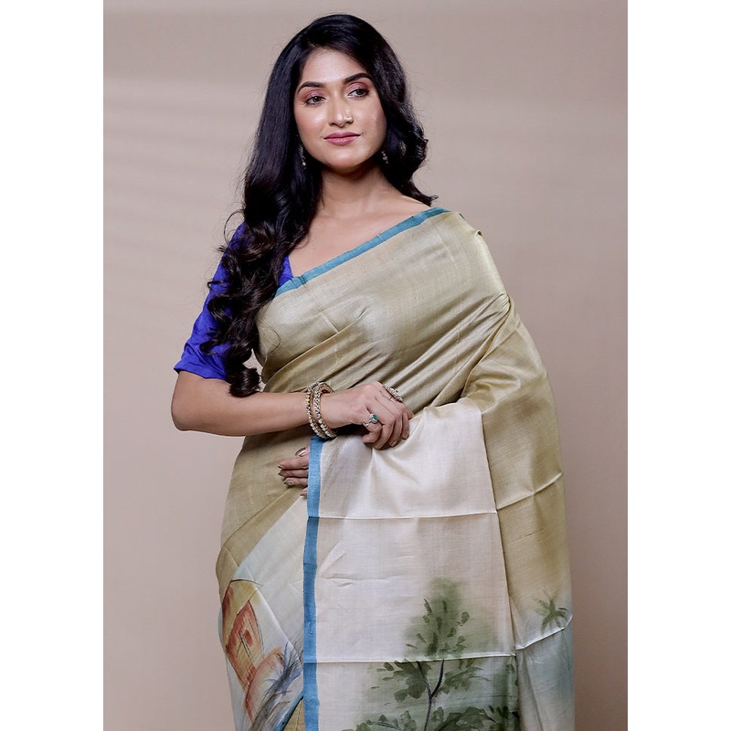 Cream Handloom Tussar Pure Silk Saree With Blouse Piece - JD986608308