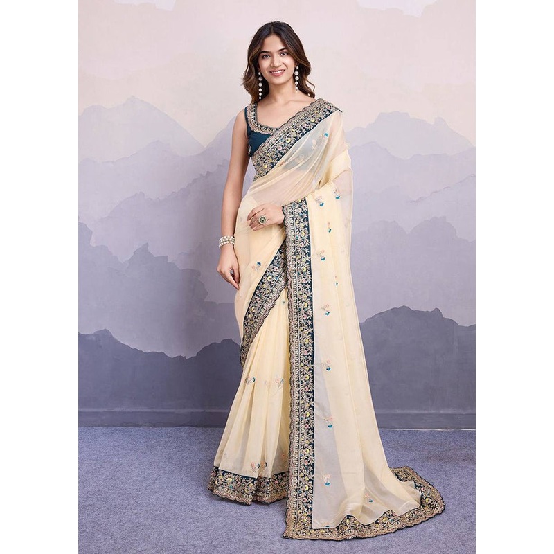 Cream Organza Saree With Blouse Piece - JD986608196