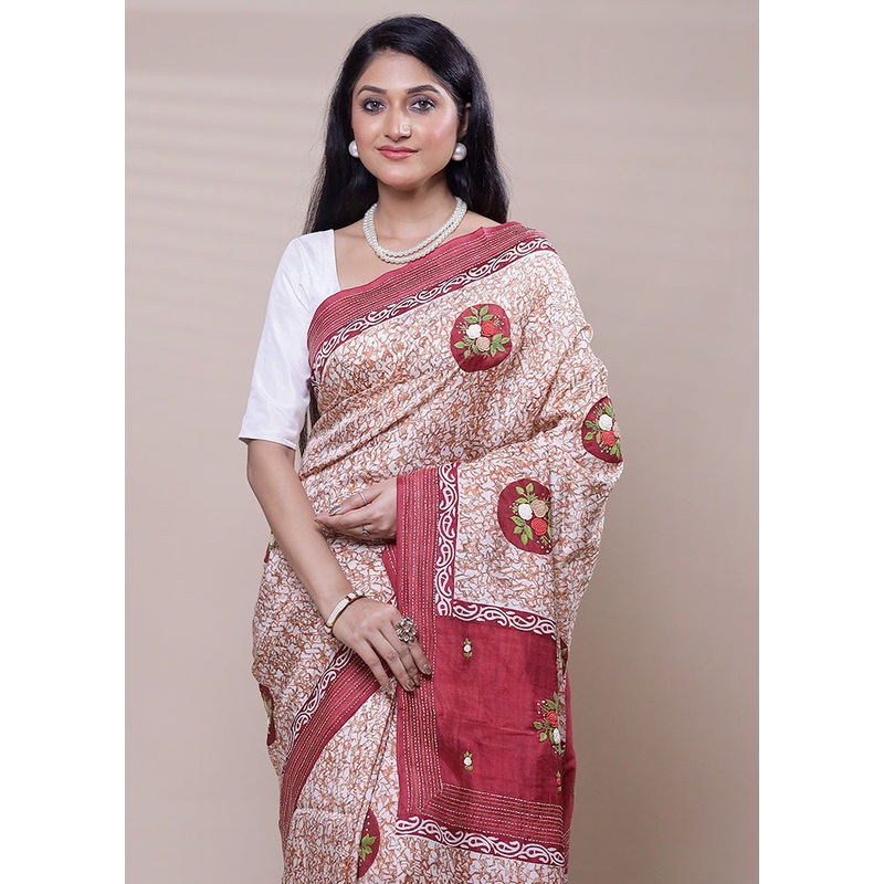 Cream Printed Pure Silk Saree Without Blouse Piece - JD986608303