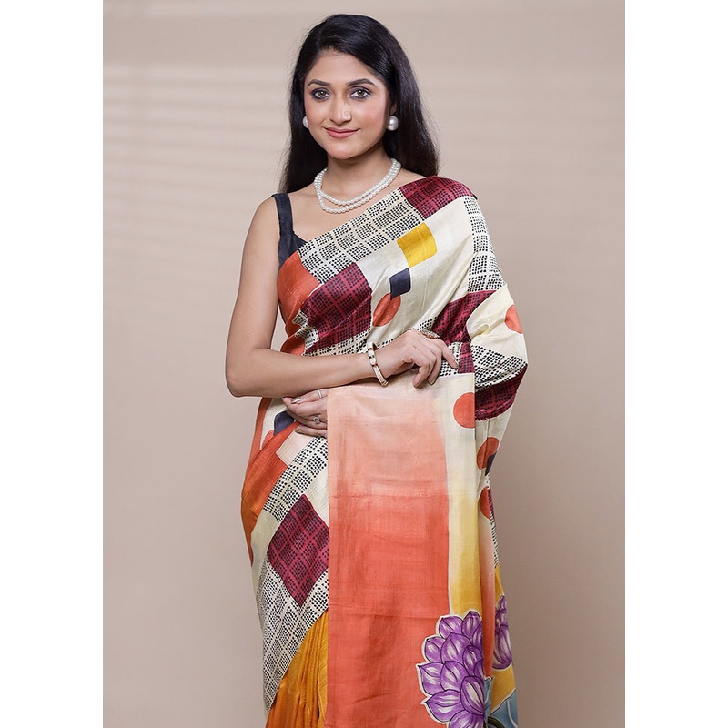 Cream Printed Pure Silk Saree Without Blouse Piece - JD986608305
