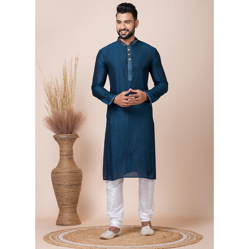 Dark Blue Silk Full Sleeves Mandarin Collar Kurta And Pajama Set - JD986608249