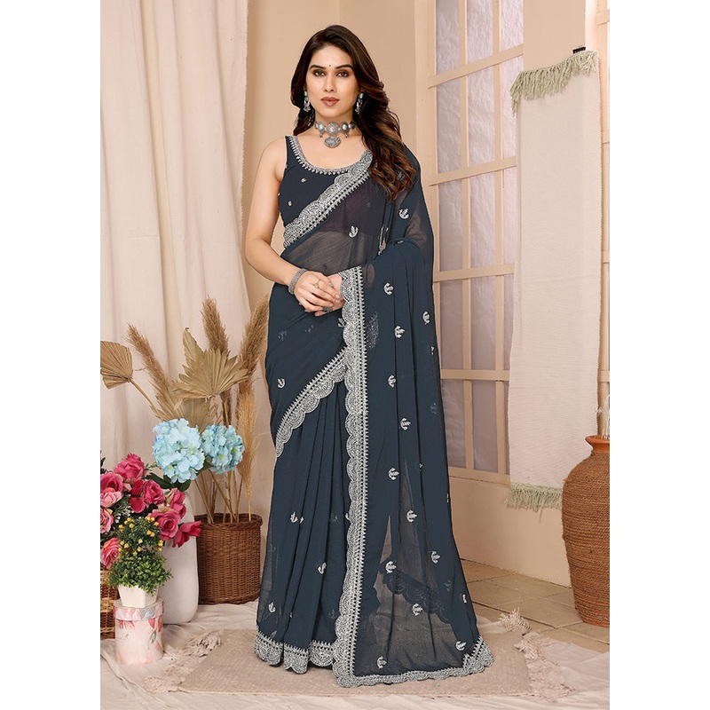 Dark Grey Chiffon Silk Saree With Blouse Piece - JD986608195