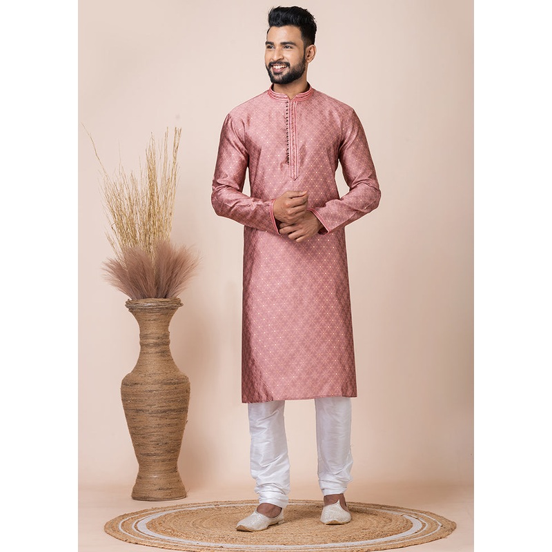Dark Peach Silk Full Sleeves Mandarin Collar Kurta And Pajama Set - JD986608248