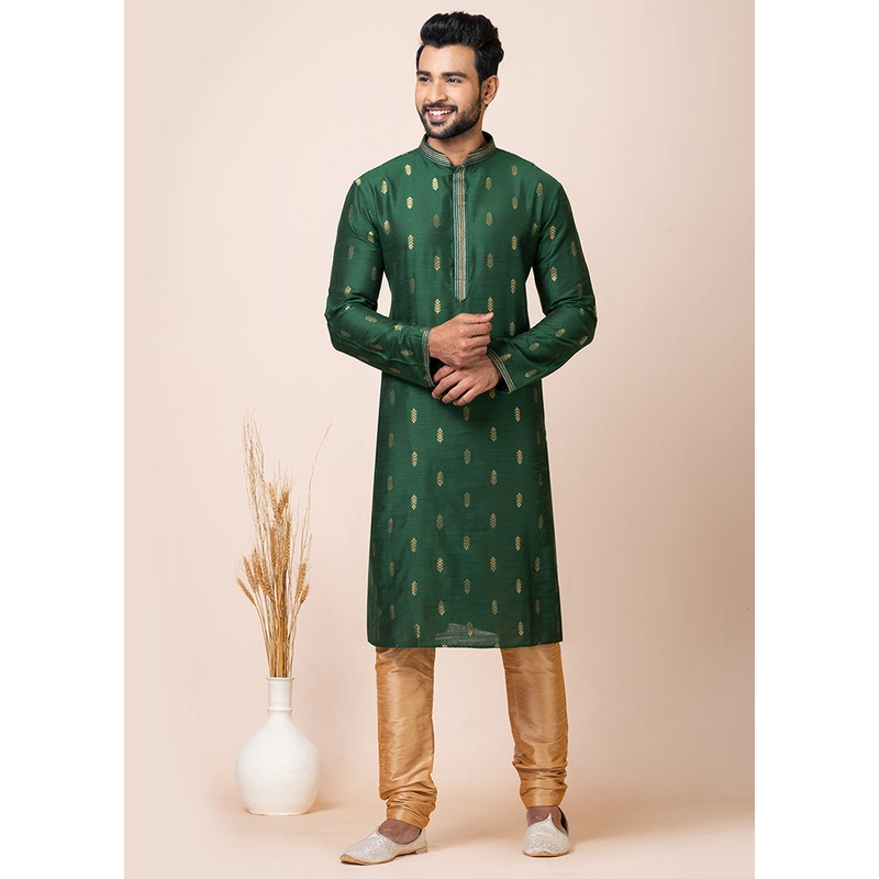 Green Cotton Full Sleeves Mandarin Collar Kurta And Pajama Set - JD986608247