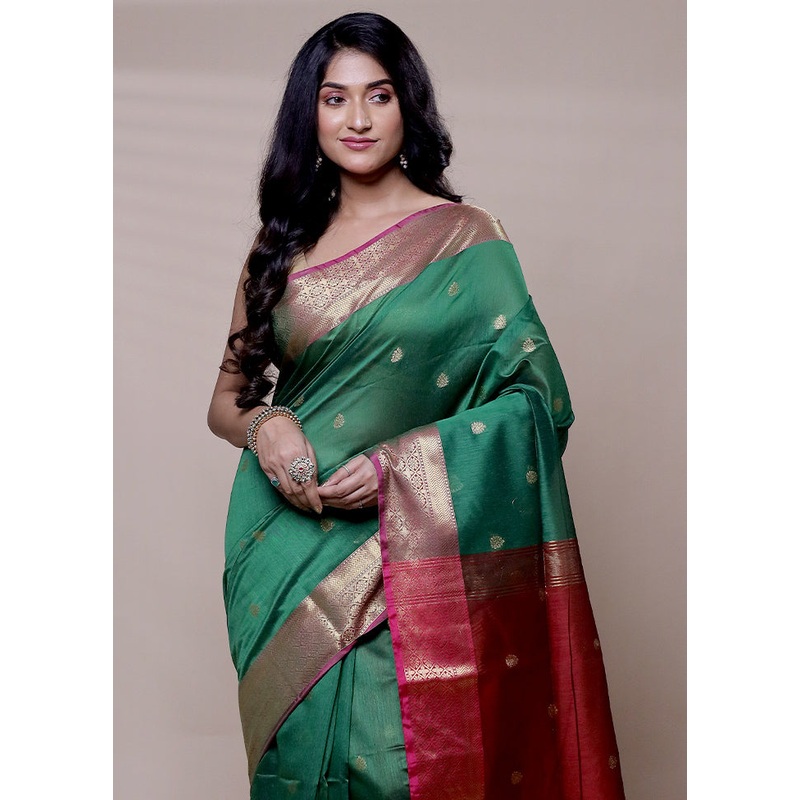 Green Cotton Saree With Blouse Piece - JD986608301