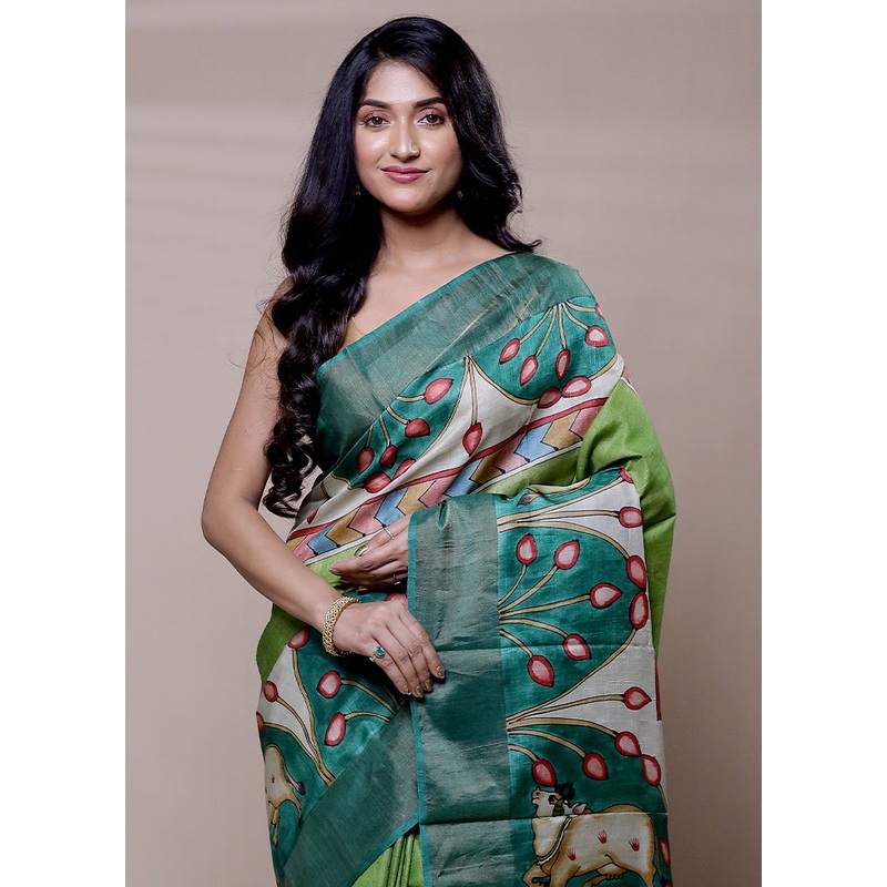 Green Handloom Tussar Pure Silk Saree With Blouse Piece - JD986608297