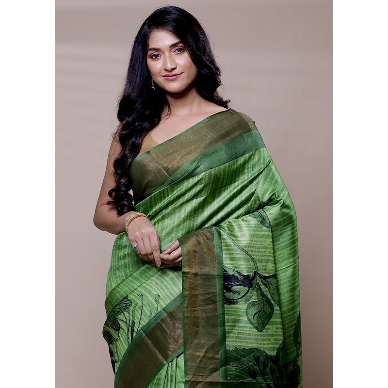 Green Handloom Tussar Pure Silk Saree With Blouse Piece - JD986608298