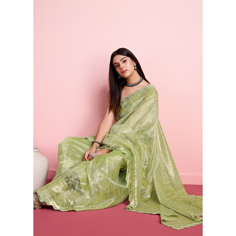 Green Net Saree With Blouse Piece - JD986608191