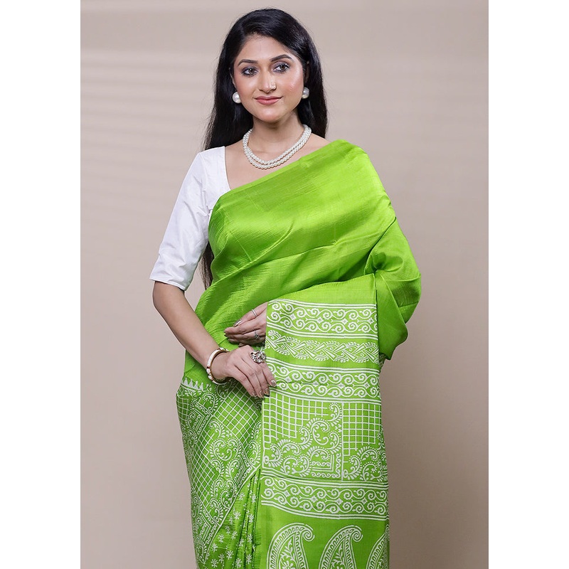 Green Printed Pure Silk Saree Without Blouse Piece - JD986608293