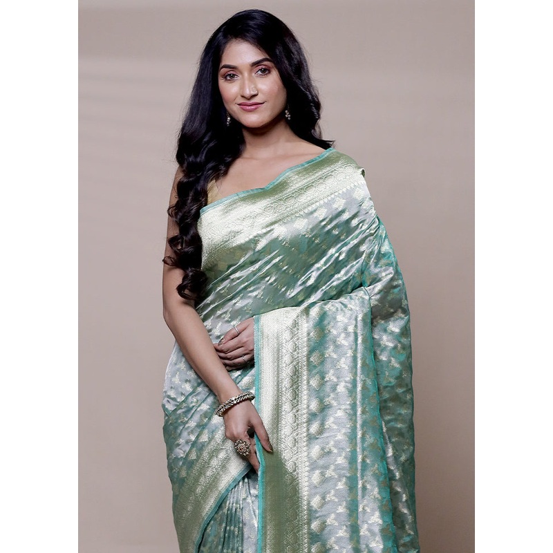 Green Tissue Silk Saree With Blouse Piece - JD986608291