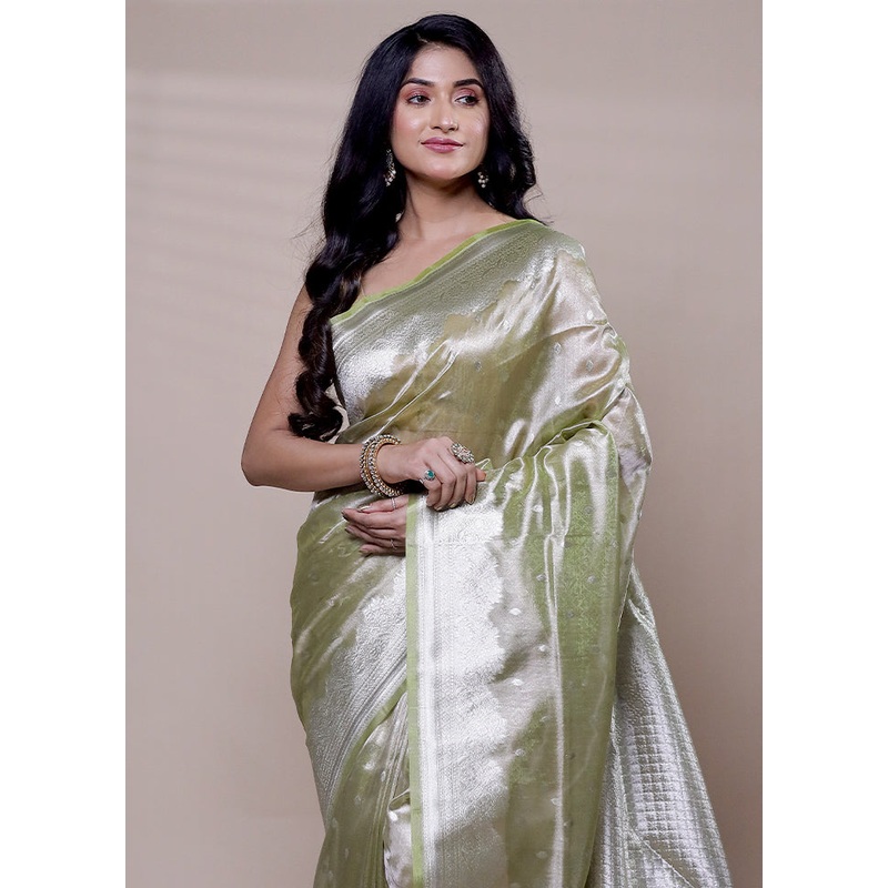 Green Tissue Silk Saree With Blouse Piece - JD986608292